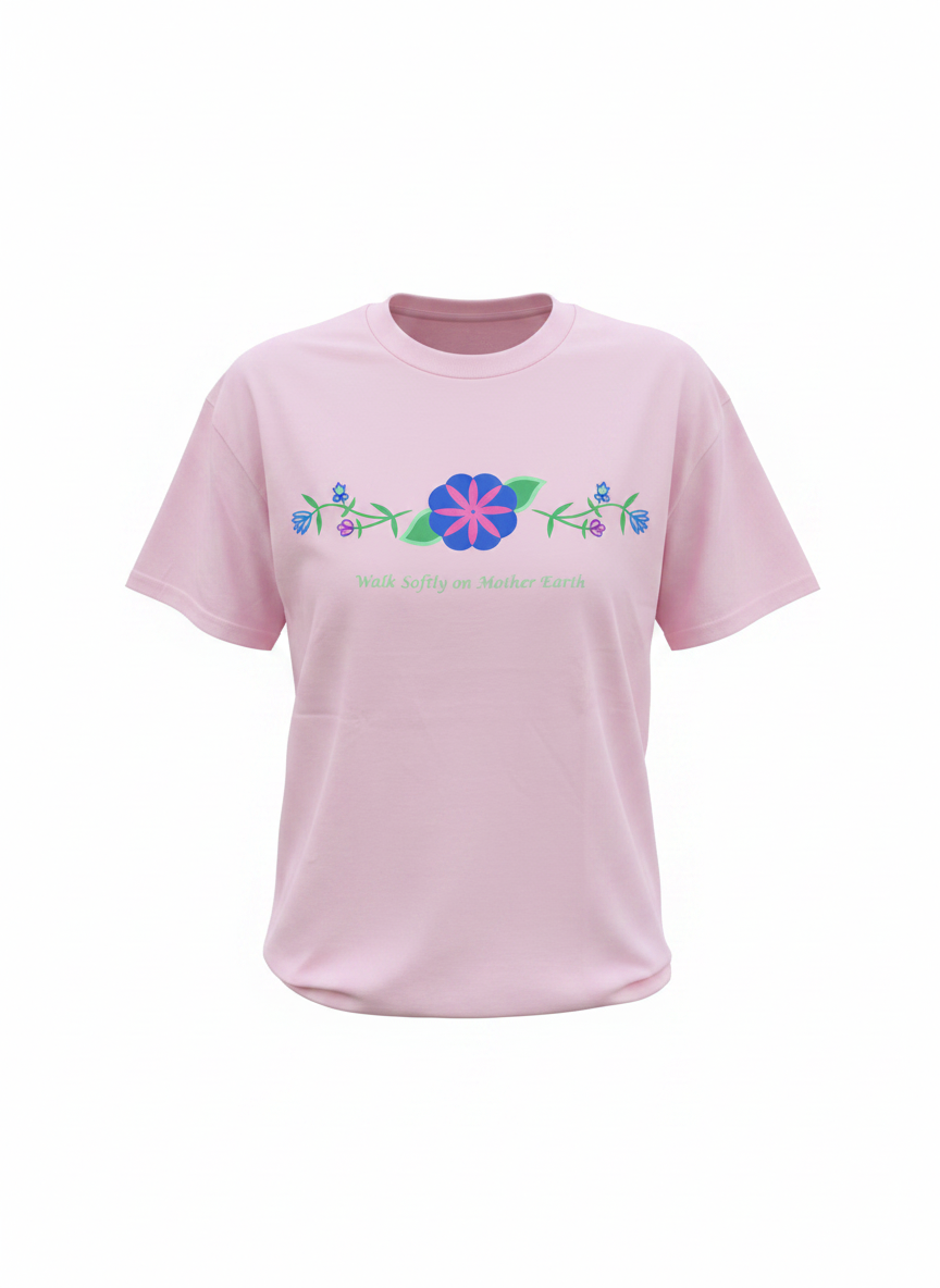 'Walk Softly on Mother Earth' Ojibwe Floral Printed Short Sleeve T-Shirt