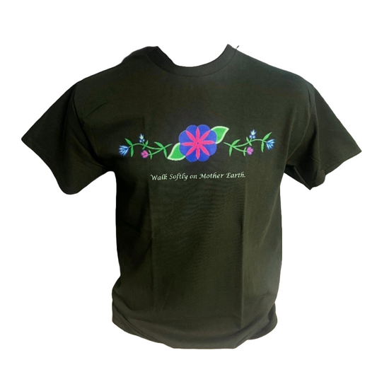 'Walk Softly on Mother Earth' Ojibwe Floral Printed Short Sleeve T-Shirt