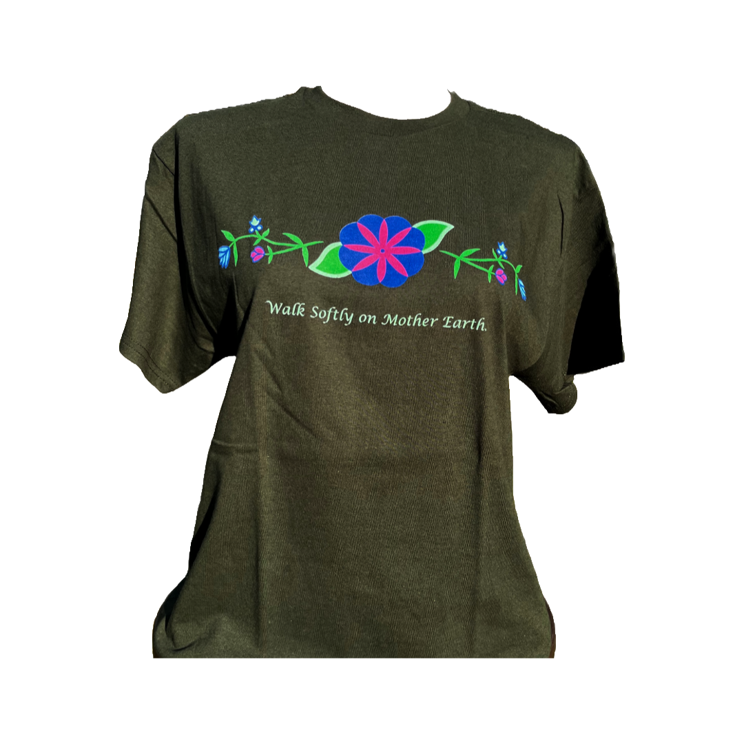 'Walk Softly on Mother Earth' Ojibwe Floral Printed Short Sleeve T-Shirt