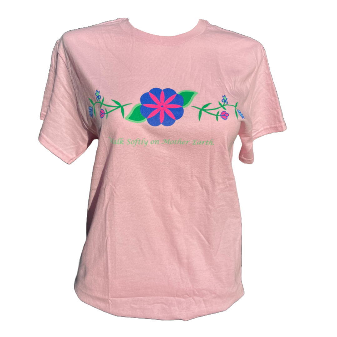 'Walk Softly on Mother Earth' Ojibwe Floral Printed Short Sleeve T-Shirt