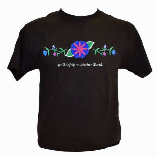 'Walk Softly on Mother Earth' Ojibwe Floral Printed Short Sleeve T-Shirt